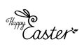Happy Easter text with bunny ears. Black lettering on white.